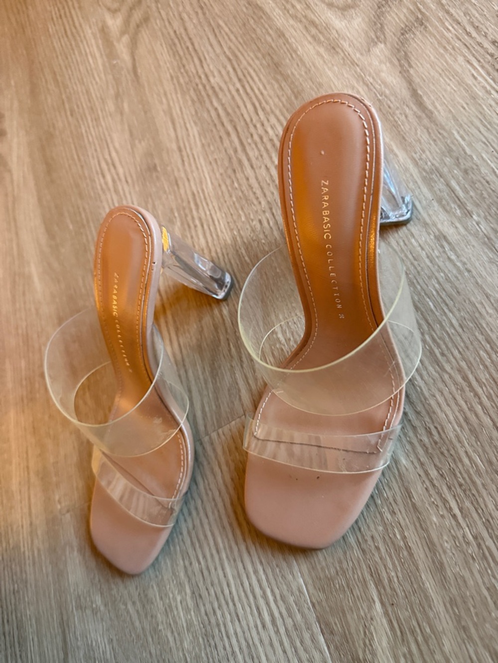 Zara Nude Clear-Strap Square Toe Heeled Mules
